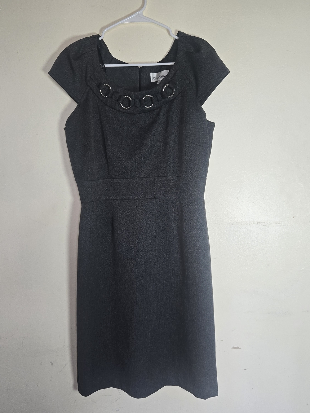 Olivia Matthews Dark Gray Cap-Sleeve Sheath Dress with Decorative Neck Rings